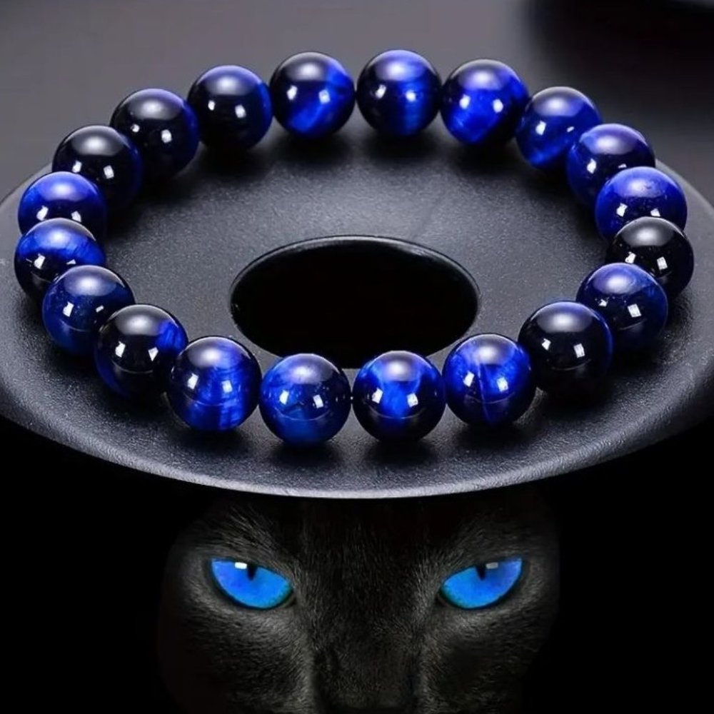10mm Deep Blue Tiger Eye Polished Bead Stretch Bracelet